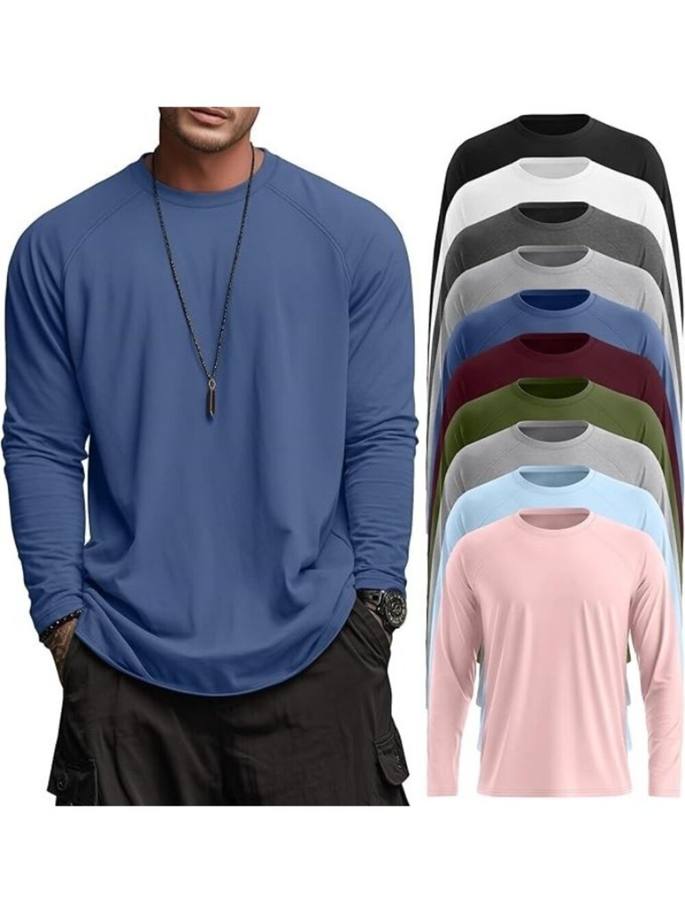 Men’s Long Sleeve Cotton T Shirts Multi Color Pack Big & Tall 7XL
